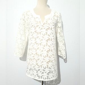 Women’s White Floral Lace Tunic Top Sheer 3/4 Sleeve Boho Blouse Medium